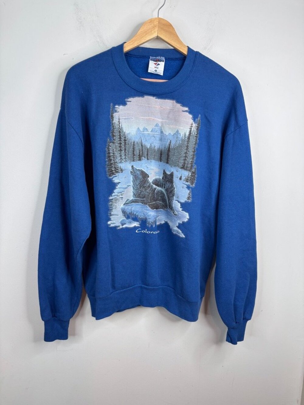VTG 90s Graphic Wolf Crewneck Sweatshirt L Colorado Nature Mountain Ski USA Made
